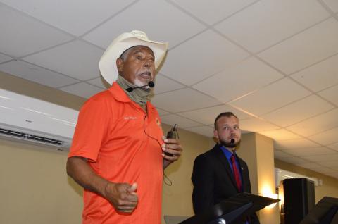 Long-time County Commission District 1 incumbent Ron Williams squares off with challenger Kyle Green during a Q&A session at a Republican-sponsored event Saturday night. Local GOP Chairman Hunter Peeler acted as moderator. (CARL MCKINNEY/Lake City Reporter)