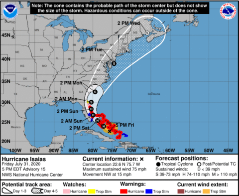 Hurricane Storm Isaias is tracking east towards the Atlantic Ocean, but is still expected to bring rain to Columbia County. (NOAA)