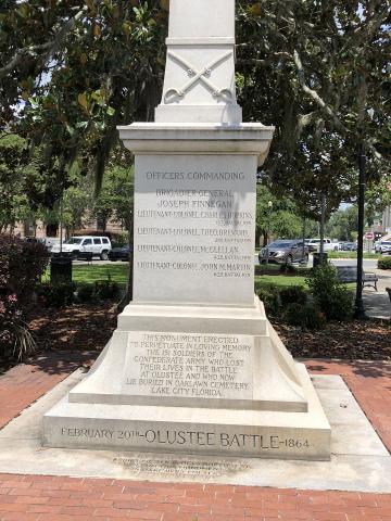 A Confederate monument sits in Olustee Park in downtown Lake City. The park is owned by the City of Live Oak, property appraiser records show. (FILE photo)