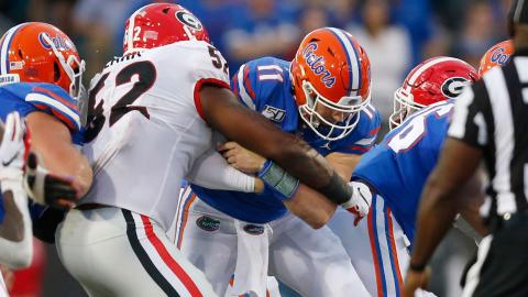 Florida quarterback Kyle Trask is sacked in last year's game against Georgia. (TAMPA BAY TIMES/TNS)