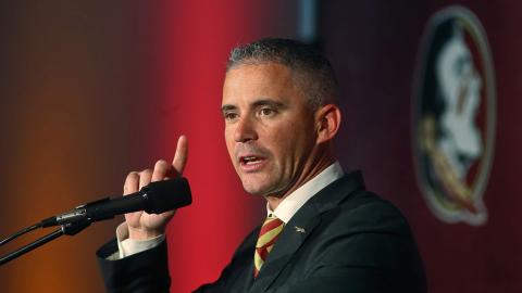 Florida State head football coach Mike Norvell speaks during his introductory news conference in December, in Tallahassee. (MATT BAKER/Tampa Bay Times/TNS)