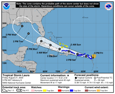 Tropical Storm Laura is tracking further west into the Gulf of Mexico, where it could meet up with Tropical Depression 14. (NOAA)