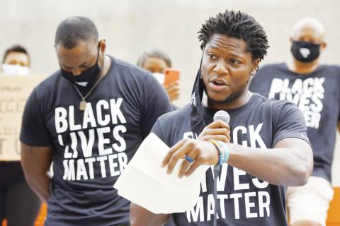 Jacksonville Jaguars receiver Chris Conley addresses a crowd of teammates, staff and families on the steps of the Jacksonville Sheriff's Office headquarters building on June 5, in Jacksonville, as they protest against inequality and police brutality. (TNS FILE PHOTO)