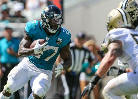 Jacksonville Jaguars running back Leonard Fournette (27) after a catch runs for a first down against the against the New Orleans Saints at TIAA Bank Field on Oct. 13, 2019 in Jacksonville. (GARY LLOYD MCCULLOUGH/TNS)