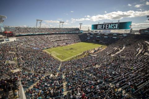 Fans watch during the first half of a game between the Jacksonville Jaguars and the Washington Redskins on Dec. 16, 2018, in Jacksonville. The Jaguars, along with Cincinnati, Miami, Tampa Bay and maybe a few others, might be best equipped to handle the NFL’s drastic change in hometown support. They’ve dealt with it for years. (AP FILE PHOTO)