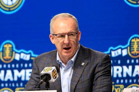 SEC Commissioner Greg Sankey addresses the media following the announcement of the cancellation of the SEC Basketball Tournament at Bridgestone Arena on March 12, in Nashville, Tenn. After the Power Five conference commissioners met Sunday, Aug. 9, 2020, to discuss mounting concern about whether a college football season can be played in a pandemic, players took to social media to urge leaders to let them play. (ANDY LYONS/Getty Images/TNS)