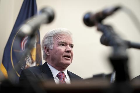 Mark Emmert, president of the National Collegiate Athletic Association (NCAA), speaks during a brief press availability on Capitol Hill Dec. 17, 2019 in Washington, D.C. (DREW ANGERER/Getty Images/TNS)