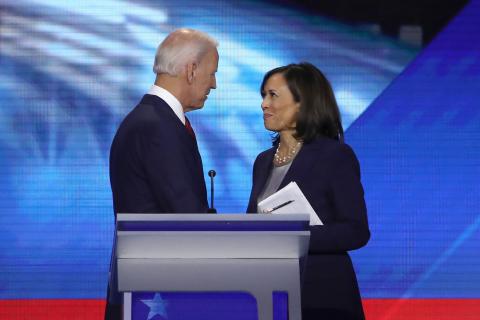 Democratic presidential candidates former Vice President Joe Biden and Sen. Kamala Harris (D-CA) speak after the Democratic Presidential Debate at Texas Southern University's Health and PE Center on Sept. 12, 2019 in Houston, Texas. (WIN MCNAMEE/Getty Images/TNS)