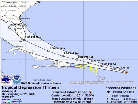 Tropical Depression 13's early track showed it potentially could reach Florida by Monday as a hurricane. (NATIONAL WEATHER SERVICE)
