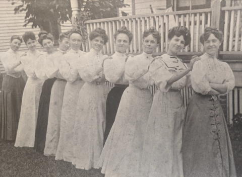The Current Topics Club in 1906. Members included, from left, Mrs. J.L. Wells, Dadie Young (later Mrs. J.C. Sheffield), Janie Brown (first president, later Mrs. Burr L. Bixler), Mrs. F.A. Crowder, Mrs. J.C. Sheffield (1st), Mrs. W.H. Anthony, Ethel Warren (later Mrs. Herbert L. King), Mrs. James Wesley Stephens, May Vinzant (later G.J. Perkins) and Alice Appleyard (later Mrs. J.O. Clarkson). (COURTESY)