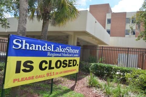 A sign outside Shands Lake Shore Regional Medical Center shows that the hospital is closed after services were stopped Aug. 28. The Hospital Authority is now vetting proposals from companies interested in providing health care at the facility. (CARL MCKINNEY/Lake City Reporter)