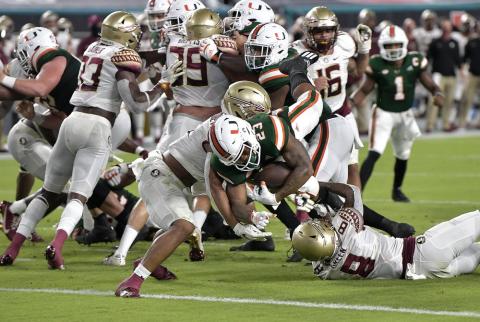 Miami running back Cam'Ron Harris (23) scores a touchdown against Florida State on Saturday, in Miami Gardens. (MICHAEL LAUGHLIN/South Florida Sun-Sentinel via AP)