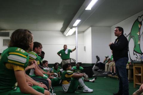 Gov. Ron DeSantis provides a prep talk Friday evening to the Suwannee High football team before its season opener against Santa Fe at Langford Stadium in Live Oak. SHS coach Kyler Hall took part in a roundtable discussion with DeSantis and others in early August about the importance of youth sports. (TONY BRITT/Lake City Reporter)
