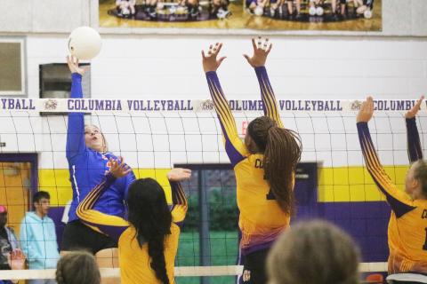 Branford’s Cera McElreath sends a shot over the net against Columbia on Monday night. (JORDAN KROEGER/Lake City Reporter)