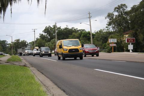 Vehicles travel east on US Highway 90 near the intersection of Northwest McFarlane Avenue Monday afternoon. The DOT started a $6.4 million resurfacing project on the roadway Sunday night. (TONY BRITT/Lake City Reporter)