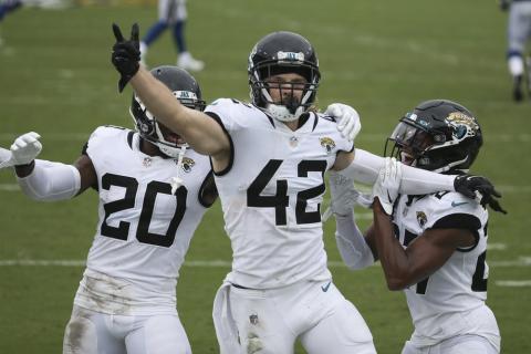 Jacksonville Jaguars safety Andrew Wingard (42) celebrates after intercepting a Indianapolis Colts pass with teammates safety Daniel Thomas (20) and Chris Chaisson, right, on Sunday, in Jacksonville. (STEPHEN B. MORTON/Associated Press))