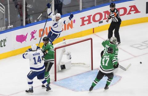 Tampa Bay Lightning center Steven Stamkos, top left, celebrates his goal against Dallas Stars goaltender Anton Khudobin (35) during the first period of Game 3 of the Stanley Cup Final on Wednesday, in Edmonton, Alberta. (JASON FRANSON/The Canadian Press via AP)