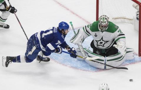 Tampa Bay Lightning center Anthony Cirelli (71) can't get to the puck as Dallas Stars goaltender Anton Khudobin (35) covers the net during the first overtime in Game 5 of the NHL hockey Stanley Cup Final on Saturday, in Edmonton, Alberta. (JASON FRANSON/The Canadian Press via AP)