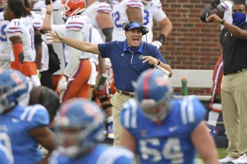 Florida head coach Dan Mullen reacts during the second half Saturday's game against Mississippi. Florida won 51-35. (THOMAS GRANING/Associated Press)