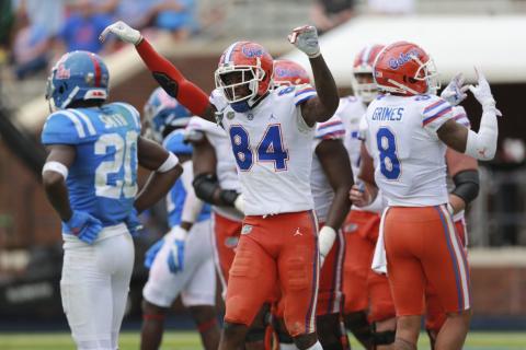 Florida receiver Kyle Pitts celebrates his fourth touchdown of the day on Saturday, in Oxford, Miss. (THOMAS WELLS/The Northeast Mississippi Daily Journal via AP)