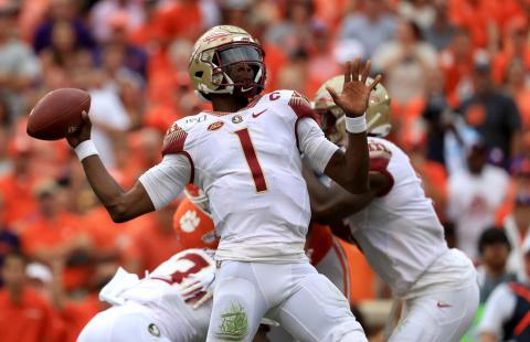 Florida State Seminoles quarterback James Blackman (1) drops back to pass against the Clemson Tigers at Memorial Stadium on Oct. 12, 2019 in Clemson, S.C.. (STREETER LECKA/Getty Images/TNS)