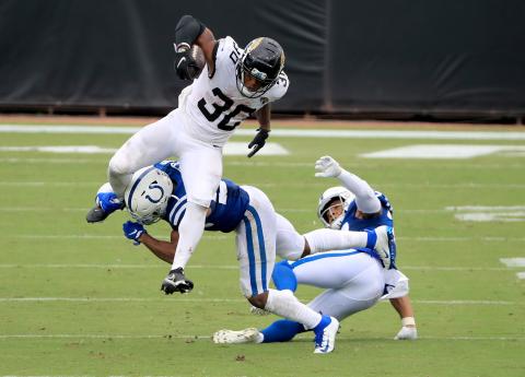 Jacksonville Jaguars running back James Robinson (30) of the runs for yardage against the Indianapolis Colts at TIAA Bank Field on Sunday, in Jacksonville. (SAM GREENWOOD/Getty Images/TNS)