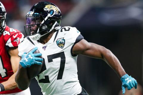 Former Jacksonville Jaguars running Leonard Fournette (27) rushes during the first half of a game against the Atlanta Falcons at Mercedes-Benz Stadium on Dec. 22, 2019, in Atlanta, GA. The Jaguars abruptly released Fournette on Monday. (CARMEN MANDATO/Getty Images/TNS)