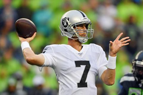 Former Oakland Raiders quarterback Mike Glennon (7) drops back to pass against the Seattle Seahawks during a preseason game at CenturyLink Field on Aug. 29, 2019, in Seattle. (ALIKA JENNER/Getty Images/TNS)