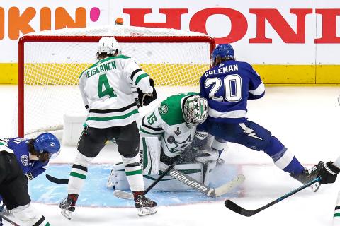 Dallas Stars goaltender Anton Khudobin (35) makes a save against the Tampa Bay Lightning's Blake Coleman (20) during the third period in Game 1 of the Stanley Cup Final at Rogers Place on Saturday, in Edmonton, Canada. The Stars won, 4-1. (BRUCE BENNETT/Getty Images/TNS)