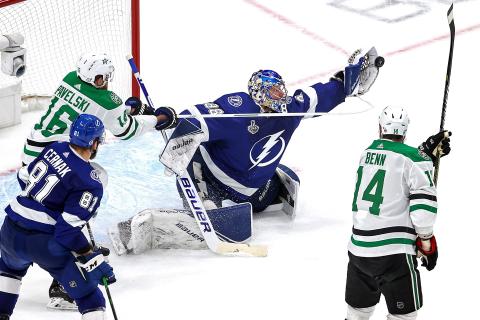 Tampa Bay Lightning goalie Andrei Vasilevskiy makes the save against Joe Pavelski of the Dallas Stars during the second period in Game 2 of the NHL Stanley Cup Final at Rogers Place on Monday, in Edmonton, Alberta, Canada. The Lightning won 3-2. (BRUCE BENNETT/Getty Images/TNS)