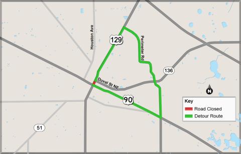 During the closure of U.S. 129 in downtown Live Oak, traffic will be detoured along U.S. 90 and County Road 49 (Perimeter Road). (Florida Department of Transportation)