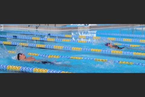 Columbia swimmers compete in the 200 medley relay during Thursday’s Purple & Gold meet.