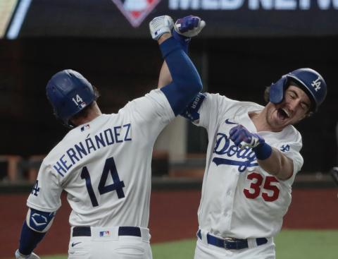 Los Angeles Dodgers center fielder Cody Bellinger (35) hit the go-ahead home run in the seventh inning in game seven of the NLCS against the Atlanta Barves at Globe Life Field on Sunday. (ROBERT GAUTHIER/Los Angeles Times/TNS)