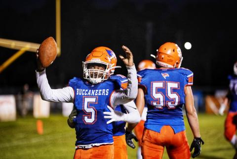 Branford running back Markell Pugh celebrates after scoring a touchdown against Bishop Snyder last week. (BRIAN LEWIS/Special to the Reporter)