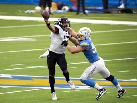 Jacksonville Jaguars quarterback Gardner Minshew II throws under pressure from Los Angeles Chargers defensive end Joey Bosa, right, in the first half at SoFi Stadium on Sunday in Inglewood, California. (ALLEN J. SCHABEN/Los Angeles Times/TNS)
