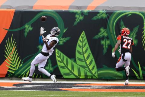 Jacksonville Jaguars wide receiver D.J. Chark (17) makes a catch for a touchdown in front of Cincinnati Bengals cornerback William Jackson (22) on Oct. 4 in Cincinnati. (AARON DOSTER/Associated Press)