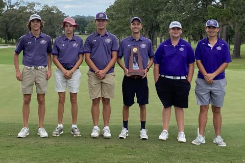 Columbia’s boys golf team won its second straight District 2-2A title on Monday. Pictured with the trophy are Zach Shaw (from left), Spencer McCranie, Ty Folsom, coach Chase Hagler, Connor Williams and Josef Walker. (COURTESY)