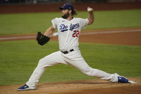 Los Angeles Dodgers starting pitcher Clayton Kershaw throws against the Tampa Bay Rays during the first inning in Game 1 of the World Series on Tuesday in Arlington, Texas. (ERIC GAY/Associated Press)