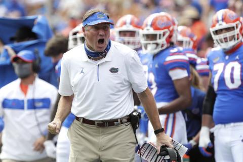 Florida head coach Dan Mullen yells to a referee about a call during a game against South Carolina on Oct. 3 in Gainesville. (AP FILE PHOTO)