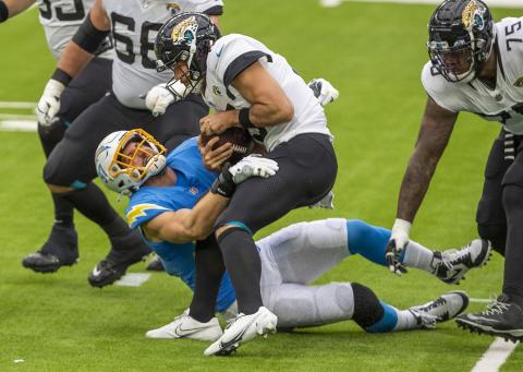 Chargers defensive end Joey Bosa assists in sacking Jaguars quarterback Gardner Minshew II on Oct. 25 in Inglewood, CA. Chargers beat the Jaguars 39-29. (ALLEN J. SCHABEN/Los Angeles Times/TNS)