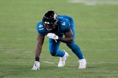Jacksonville Jaguars defensive end Josh Allen is questionable for Sunday's game against the Houston Texans. (SAM GREENWOOD/Getty Images/TNS)