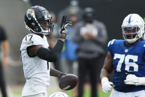 Jaguars wide receiver D.J. Chark (17) celebrates after a first down against Indianapolis in Week 1. Chark is scheduled to return to the Jaguars' lineup Sunday against Cincinnati. (BOB SELF/TNS)