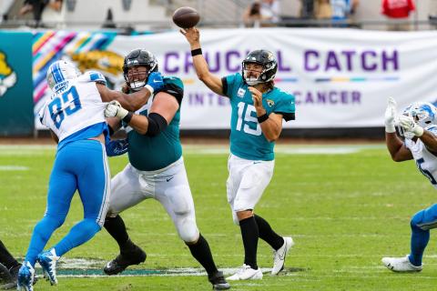 Jacksonville Jaguars quarterback Gardner Minshew (15) throws a pass against the Detroit Lions at TIAA Bank Field on Sunday in Jacksonville. (TRIBUNE NEWS SERVICE)