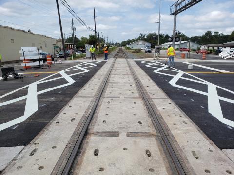 The railroad crossing surface at U.S. Highway 129 in downtown Live Oak after work was completed in September. Additional improvements will be made Monday and Tuesday, leading to single lane closures. (COURTESY)