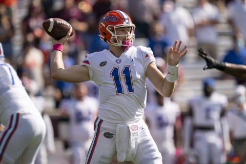 Florida quarterback Kyle Trask (11) pass down field against Texas A&M on Oct. 10 in College Station, Texas. (SAM CRAFT/Associated Press)