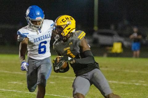 Columbia cornerback Shyheim Brown returns a kickoff against Lee on Friday night. (RAY CARPENTER PHOTOGRAPHY)