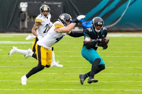Jacksonville Jaguars running back James Robinson (30) catches a pass against the Pittsburgh Steelers at TIAA Bank Field on Sunday in Jacksonville. (MATT PENDLETON/TNS)