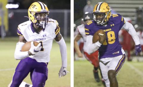 LEFT: Columbia's Shyheim Brown returns a kickoff against Wakulla on Oct. 23. RIGHT: Columbia's Marcus Peterson takes a carry up the field against Seabreeze during the Region 1-6A quarterfinals on Nov. 20. (BRENT KUYKENDALL/Lake City Reporter)