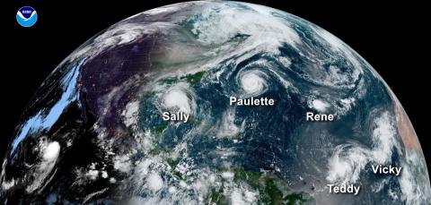 An image from a NOAA satellite on Sept. 14 shows five tropical systems spinning in the Atlantic basin at one time. In all, a record 10 named storms formed in September 2020. (NOAA)