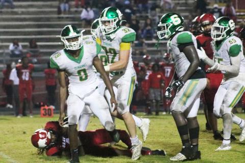 Suwannee’s Keshawn Jones celebrates after a sack late against Terry Parker during last Friday’s Region 1-5A playoff game. (JAMIE WACHTER/Lake City Reporter)